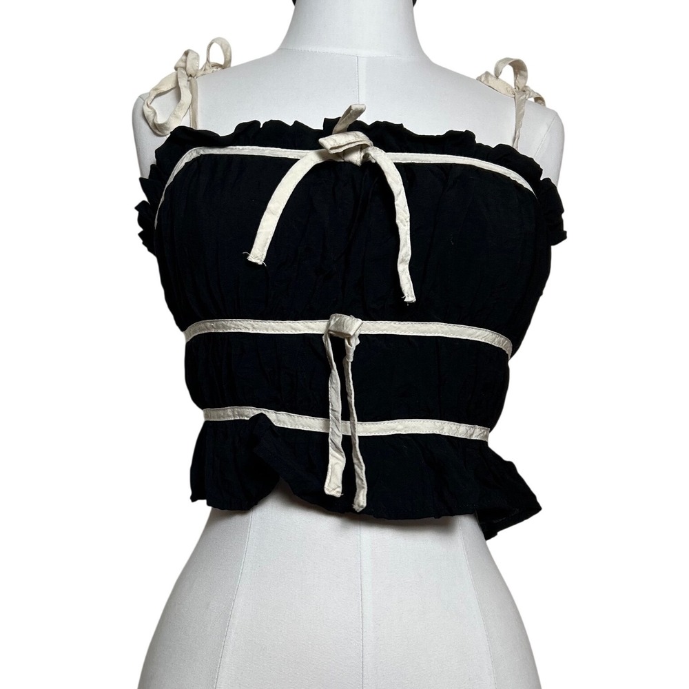 THIRTY THIRTY Black Smocked Ruffle Crop Top Tie Bow Straps Girly‎ Boho Small
